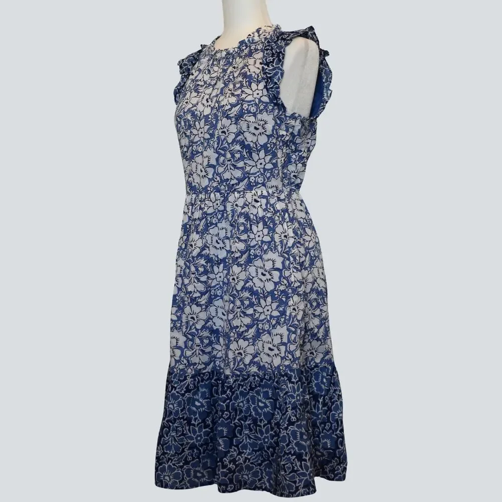 J.Crew Blue Floral Tiered Midi Dress Ruffle Size 6 Woodblock Indigo Cotton